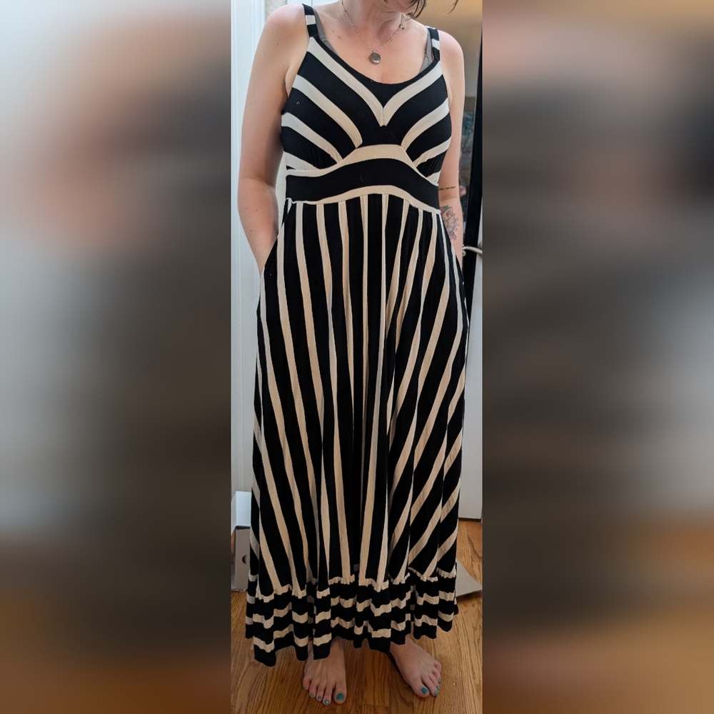 TORRID Black & White Vertical Stripe Tiered Maxi Dress Super Soft Size 10 (M)